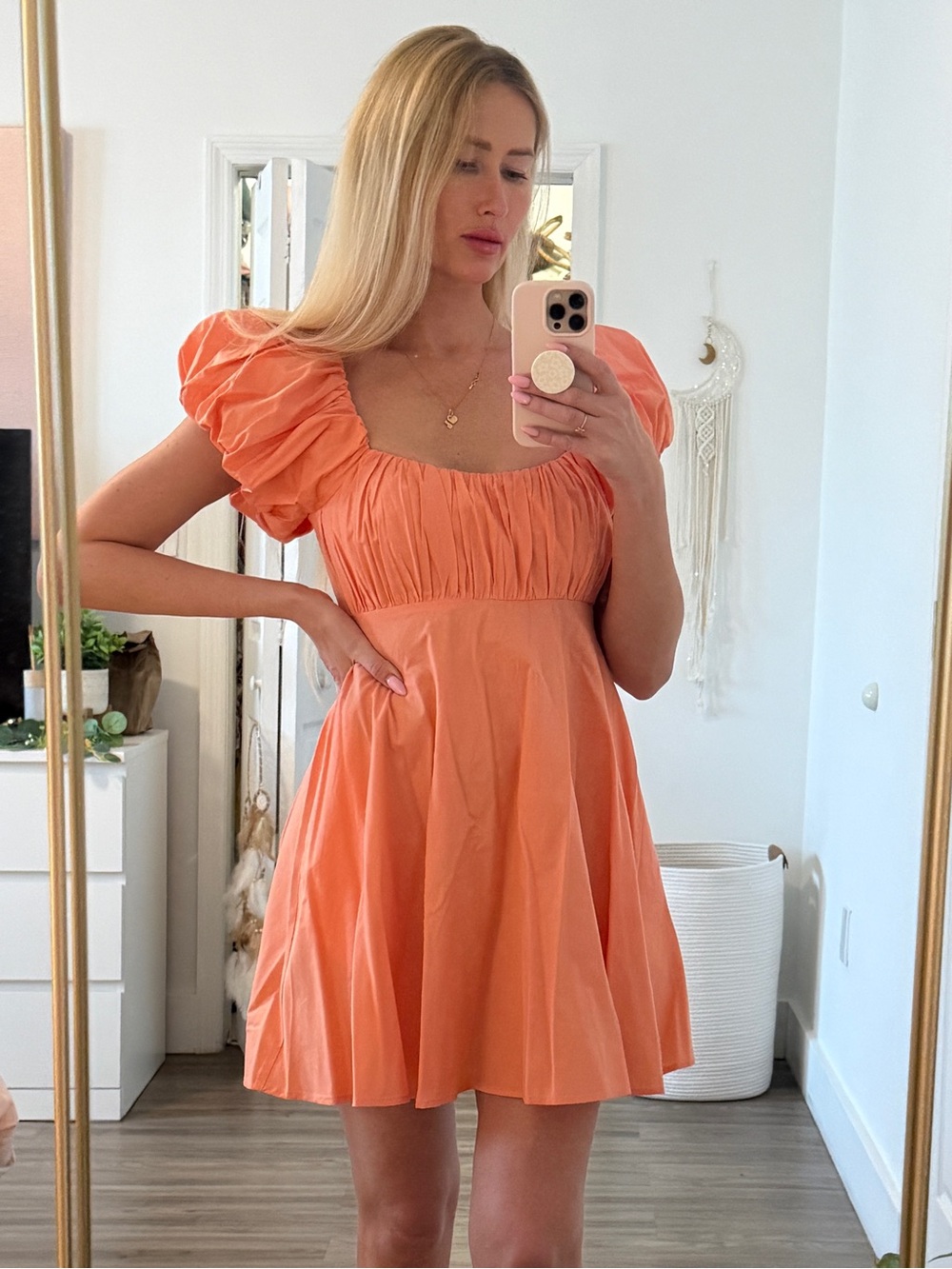 NWT Abercrombie Ruched Bust Puff Sleeve Mini Dress Coral Light Pink XS